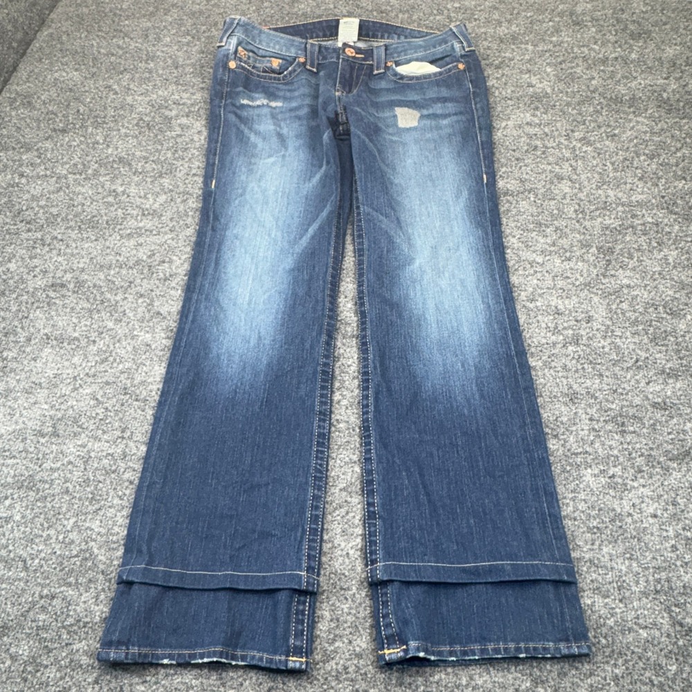 True Religion Johnny Jeans Womens 32x30 Blue Distressed Flare Fold Hem Y2K Denim